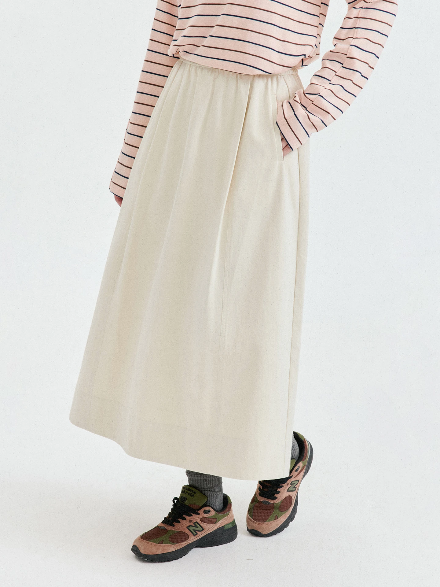 North Island AMUU Original Korean Style  Color Elastic Waist A-Line  Skirt Women's Gentle Mid-Length Skirt
