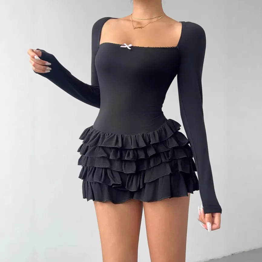European and American style Instagram women's 2025 ruffled lace patchwork long sleeved dress irregular