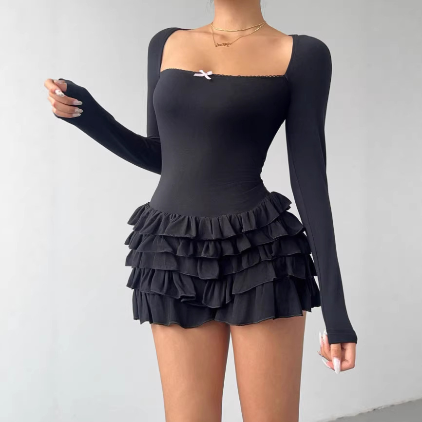  European and American style Instagram women's 2025 ruffled lace patchwork long sleeved dress irregular 