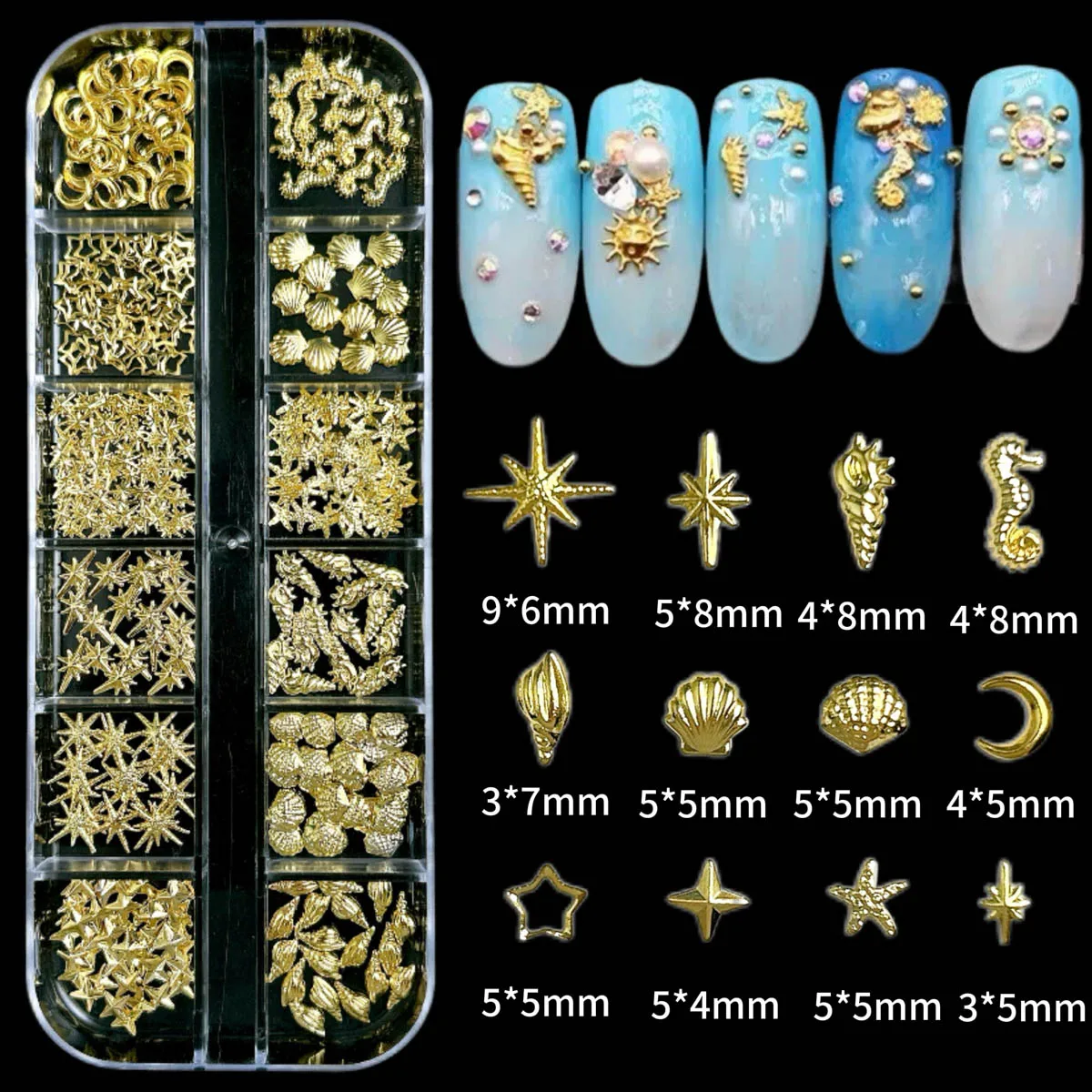 

12 сеток, золотые океанские подвески для ногтей, ракушка/морской конек/морская звезда, Mutil Shape, звезды, 3D смешанный панк-маникюр, металлические детали для ногтей, маникюр, сделай сам