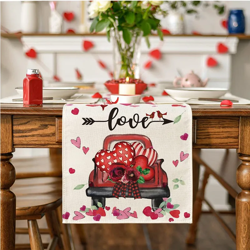 

Custom Table Runner Happy Valentine's Day Home Table Decoration Table Runner Imitation Linen Love Truck Printed Table Runner