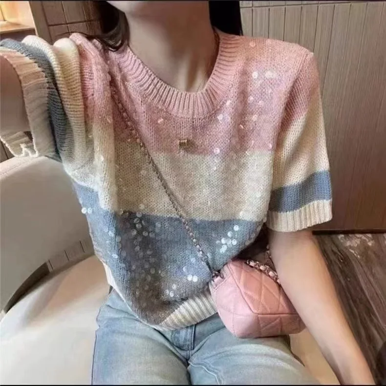 Summer Tops Sequins Loose Striped Print Short Sleeve Sweater Women O-Neck Knitted Pullover Ladies New Popular Slim-Fit Top