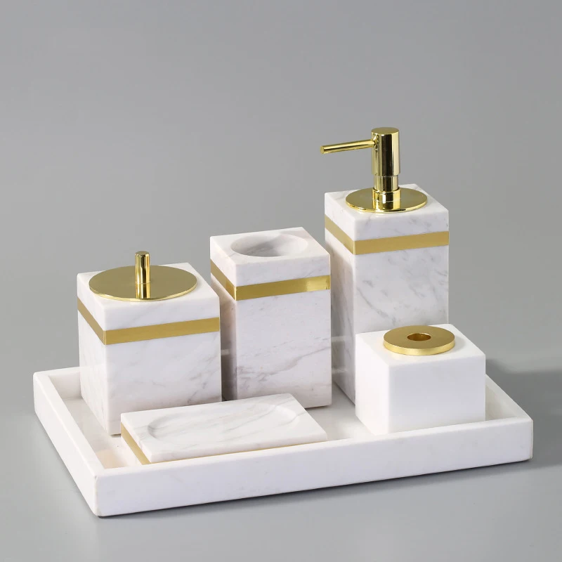 Wholesale White Volakas Natural Marble Bathroom Set Luxury Soap Lotion Dispenser Pump Bottle Toothbrush Holder Cup Dish Golden