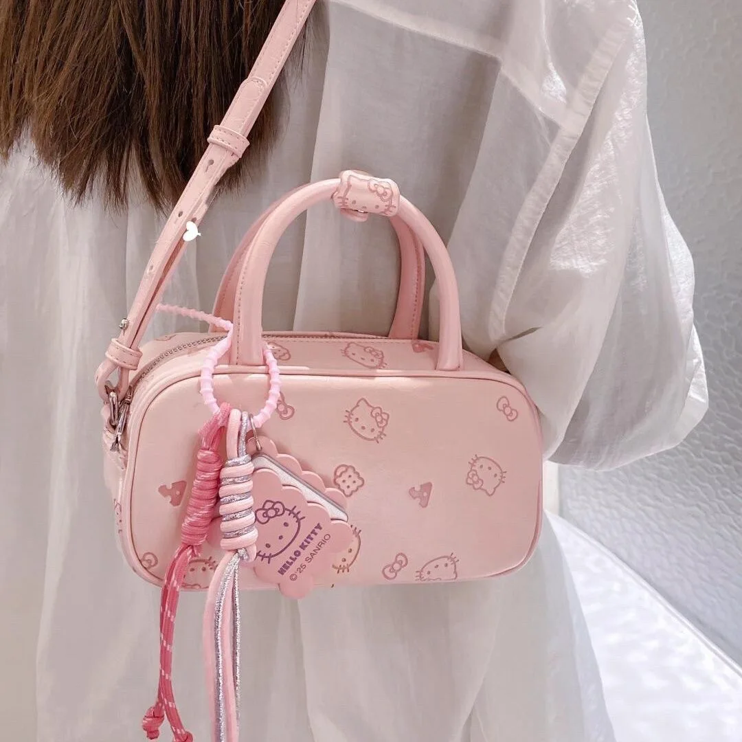 

Kawaii Hello Kitty Cartoon Boston Shoulder Bag Women Anime Sanrio Girly Heart Cute Large Capacity Handbag Girls Gift New