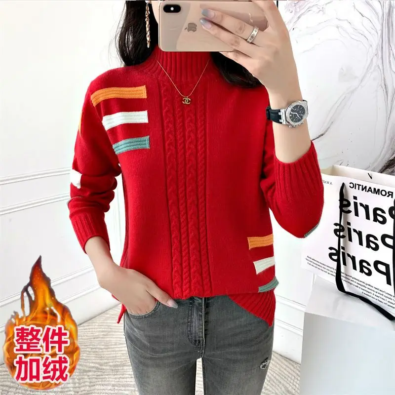 Autumn and Winter Women\'s Half High Collar Long Sleeve Screw Thread Loose Sweaters Jumpers Fashion Casual Office Lady Tops