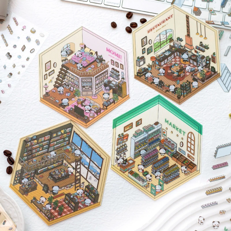 1Set Creatieve Miniatuur Supermarkt Boekhandel Sticker DIY Leuke 3D Visuele Stapelen Sticker Cartoon Miniatuur Scène 3D Stickers