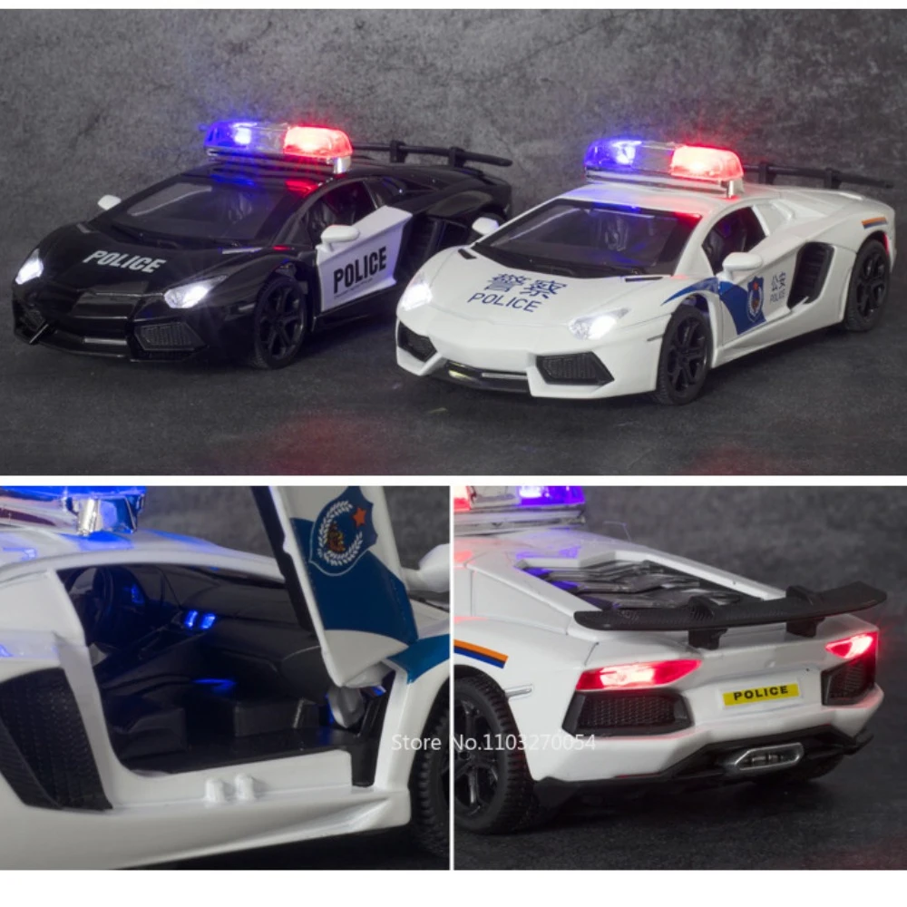 1/32 LP740 Car Model Toy Diecast Alloy Police Cars Sound Light Pull Back Door Can Opened High Simulation Toys Kids Festival Gift