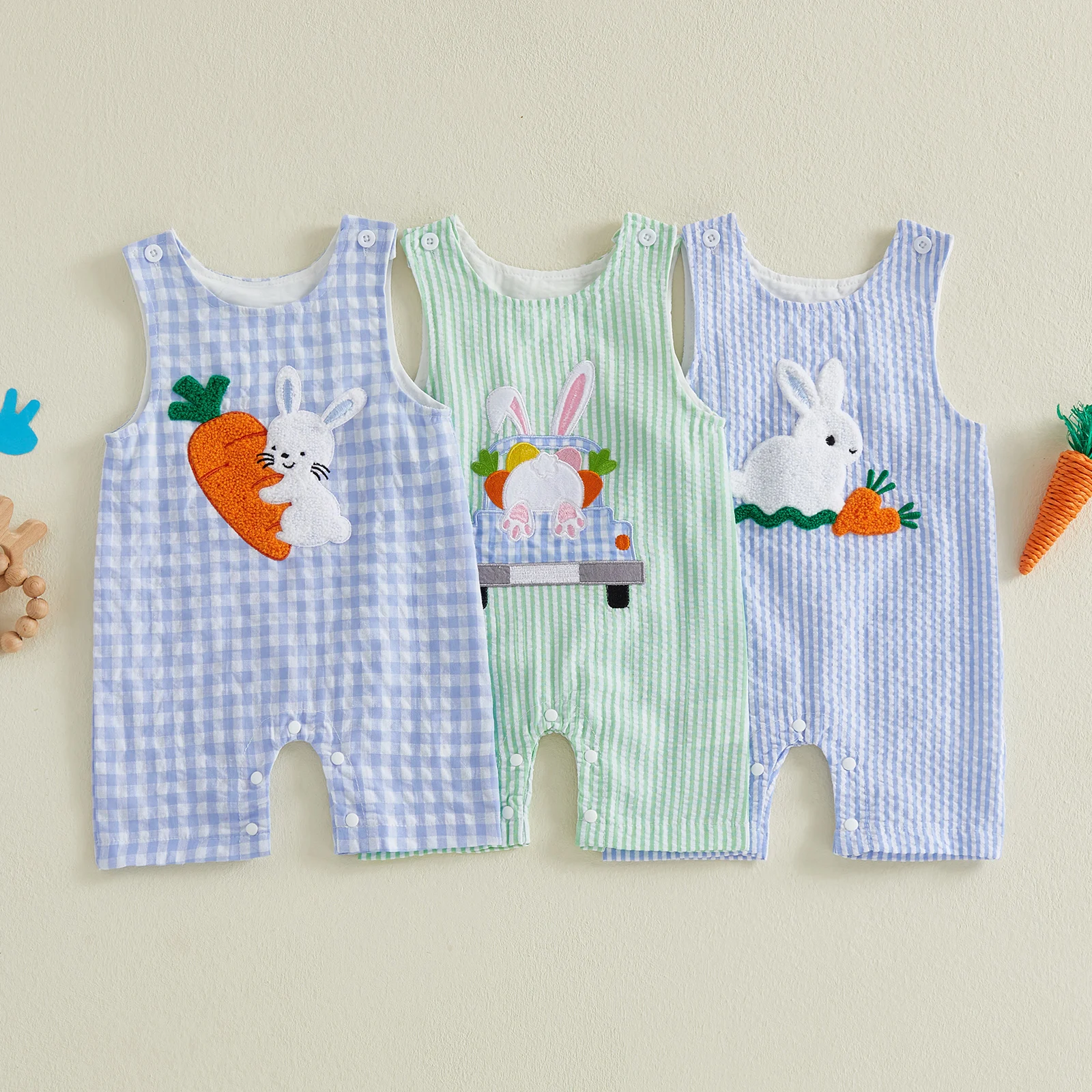 Summer Easter Infant Baby Boy Romper Sleeveless Bunny Embroidery Jumpsuit Playsuit Clothes