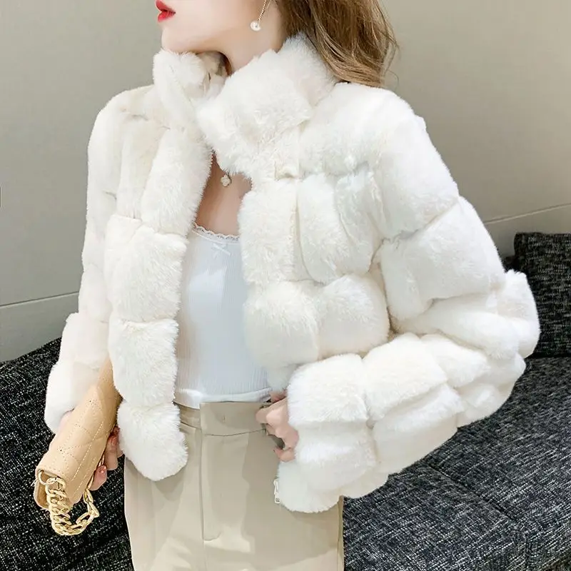 Manteau d'hiver en fausse fourrure de lapin pour femme, pardessus à revers zippé, veste en peluche chaude, manches longues, optique