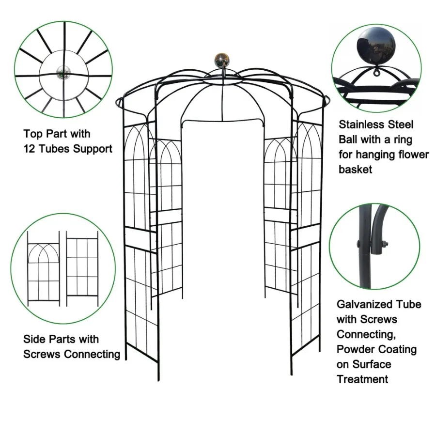 Gazebo Taman Besi Bentuk Sangkar Burung Diameter 81,3'' x Tinggi 114,2'' Pergola Paviliun untuk Upacara Pernikahan Luar Ruangan