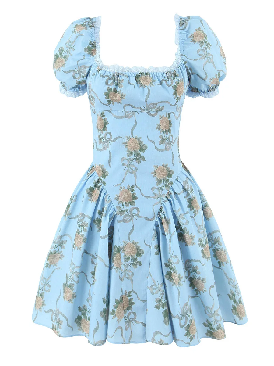 레트로 레이스 스플라이싱 슬림핏 스퀘어 넥 버블 소매 플로럴 드레스 여성 허리 조절 미니 숏 스커트 프린세스 드레스