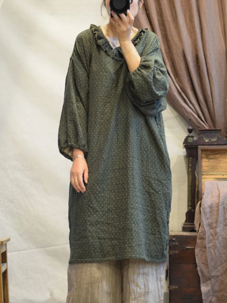 

100% Cotton Women Casual Dress New 2025 Spring Vintage Style V-neck Dot Loose Comfortable Female Knee-length Dresses M1134