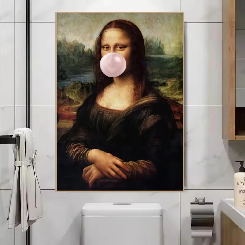مضحك الموناليزا مع القط فقاعة الملصقات والمطبوعات الموناليزا لوحات فنية جدارية بار فندق قماش اللوحة جدارية غرفة ديكور #3