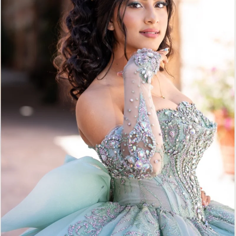 

Mint Green Quinceanera Dress Glitter Crystal flower Decal Lace layering Long tail Bow Vestidos De 15 Quinceanera ﻿Customize