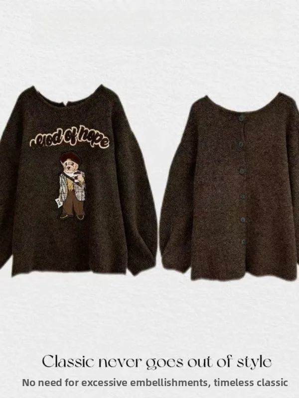 

Korean Sle Vintage Cartoon Knitted Sweater Set Women's Loose Fit Cardigan Faionable Outerwear Comfortable Mid-Winter Coat