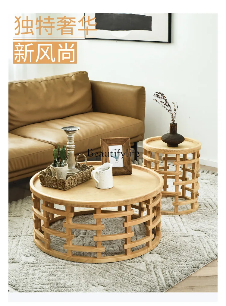 Solid wood hollow round simple coffee table retro creative design idyllic coffee table