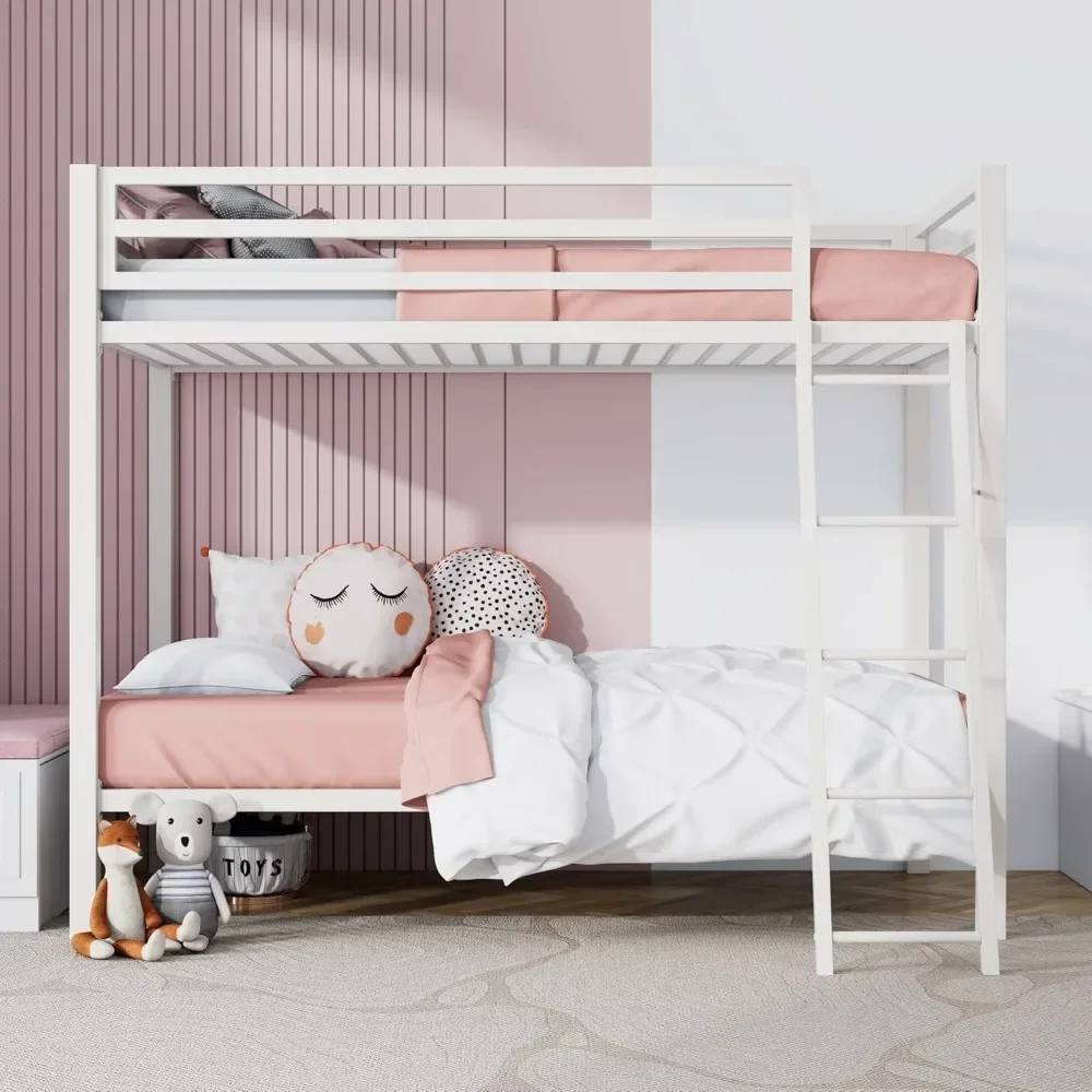 Twin Over Twin Metal Bunk Bed for Juniors, Industrial Twin Bunk Beds Frame with Inclined Stairs & Full-Length Guardrail