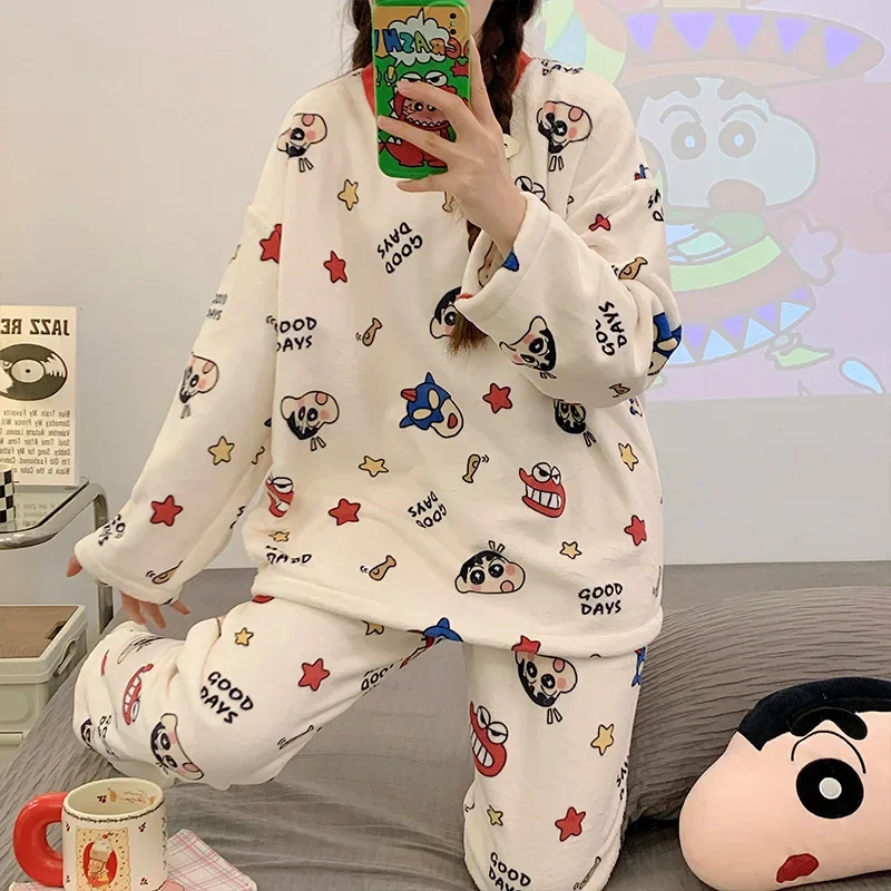 Crayon Shin-chan Anime Pigiama da donna Cartoon Girocollo Cardigan a maniche lunghe Autunno Inverno Addensato Caldo e confortevole Homewear