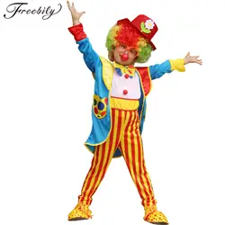 Girls Boys Halloween Clown Cosplay Costume Striped Jumpsuit with Coat Top Hat Bowtie Set Theme Party Performance Clothes