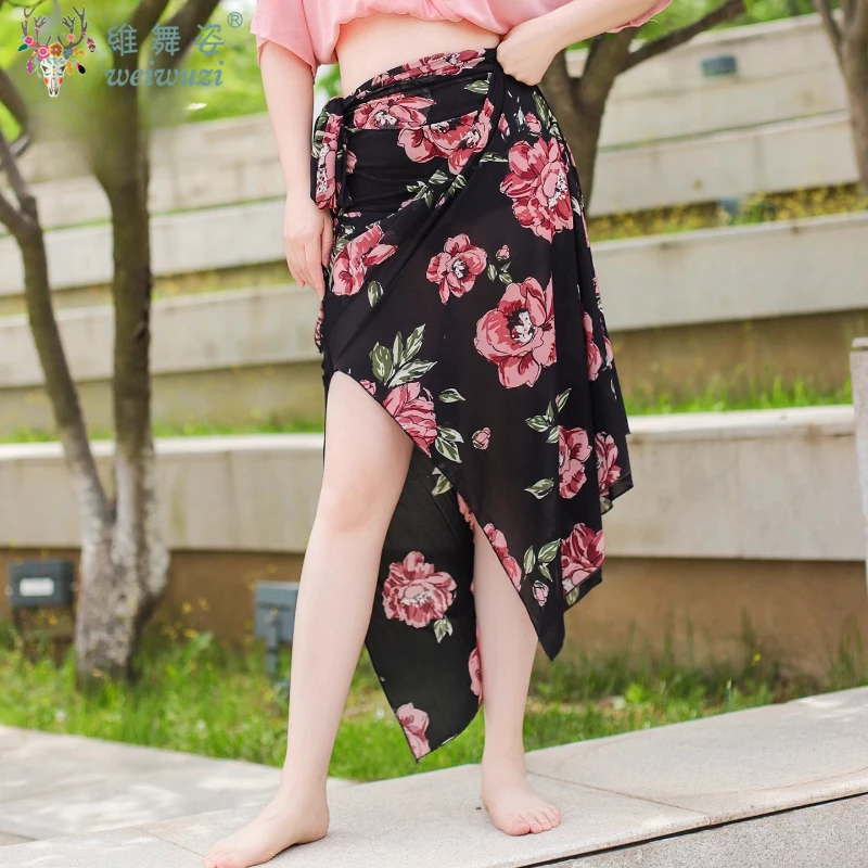 Adults Sexy Belly Dance Practice Costume Printing Lateral Tied Skirt Women Clothing Bellydancing Costume Performance Dress Stage