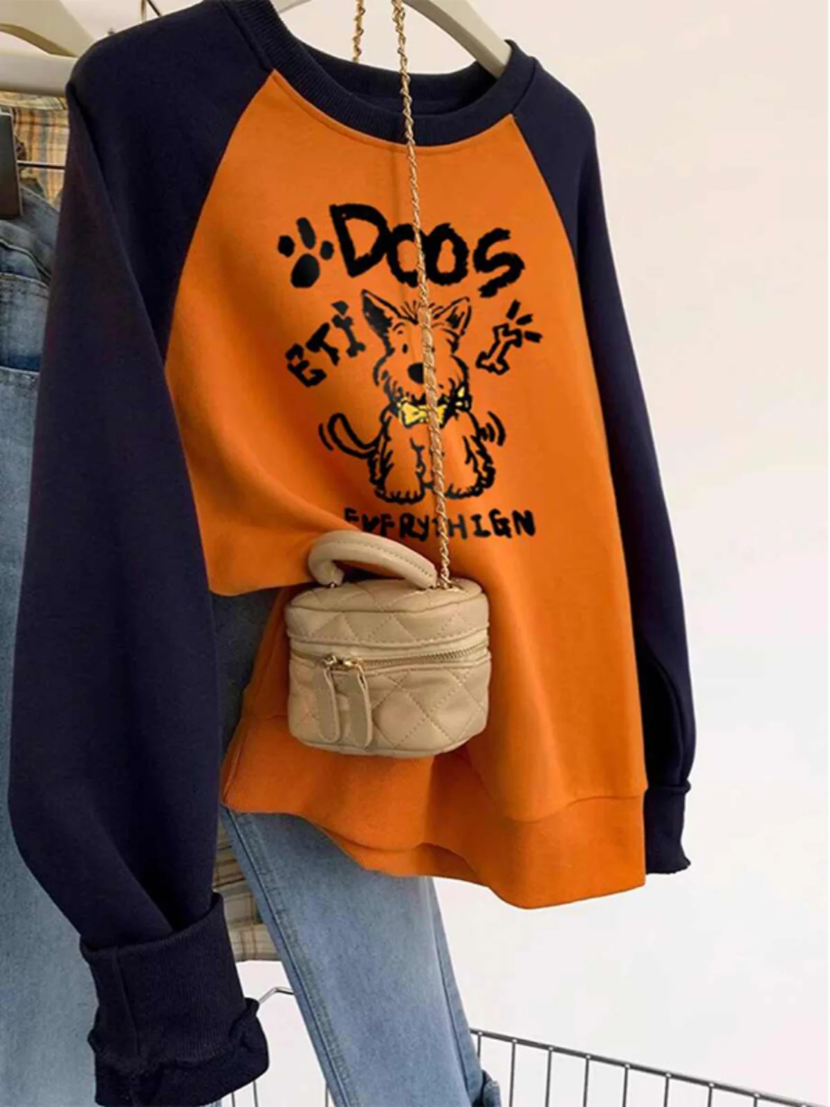 Retro American oulder Sweatirt Women's Spring Autumn New Cartoon Happy Dog Print Color Blo Long Sve Top