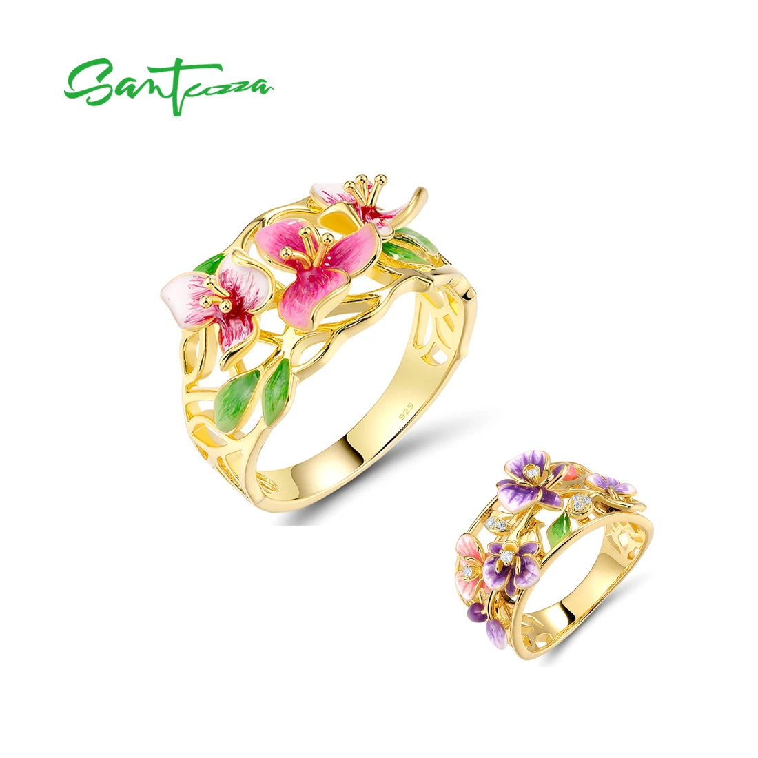 

SANTUZZA Genuine 925 Sterling Silver Rings For Women Pink & Purple Enamel Flower Party Wedding Exquisite Fine Jewelry Handmade