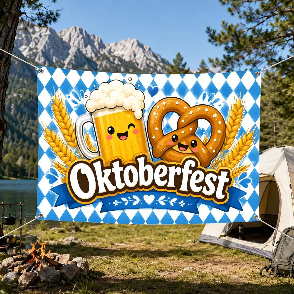 Oktoberfest flag vivid print durable easy hang reusable porch yard wall party cute beer mug pretzel wheat blue white decor Flags