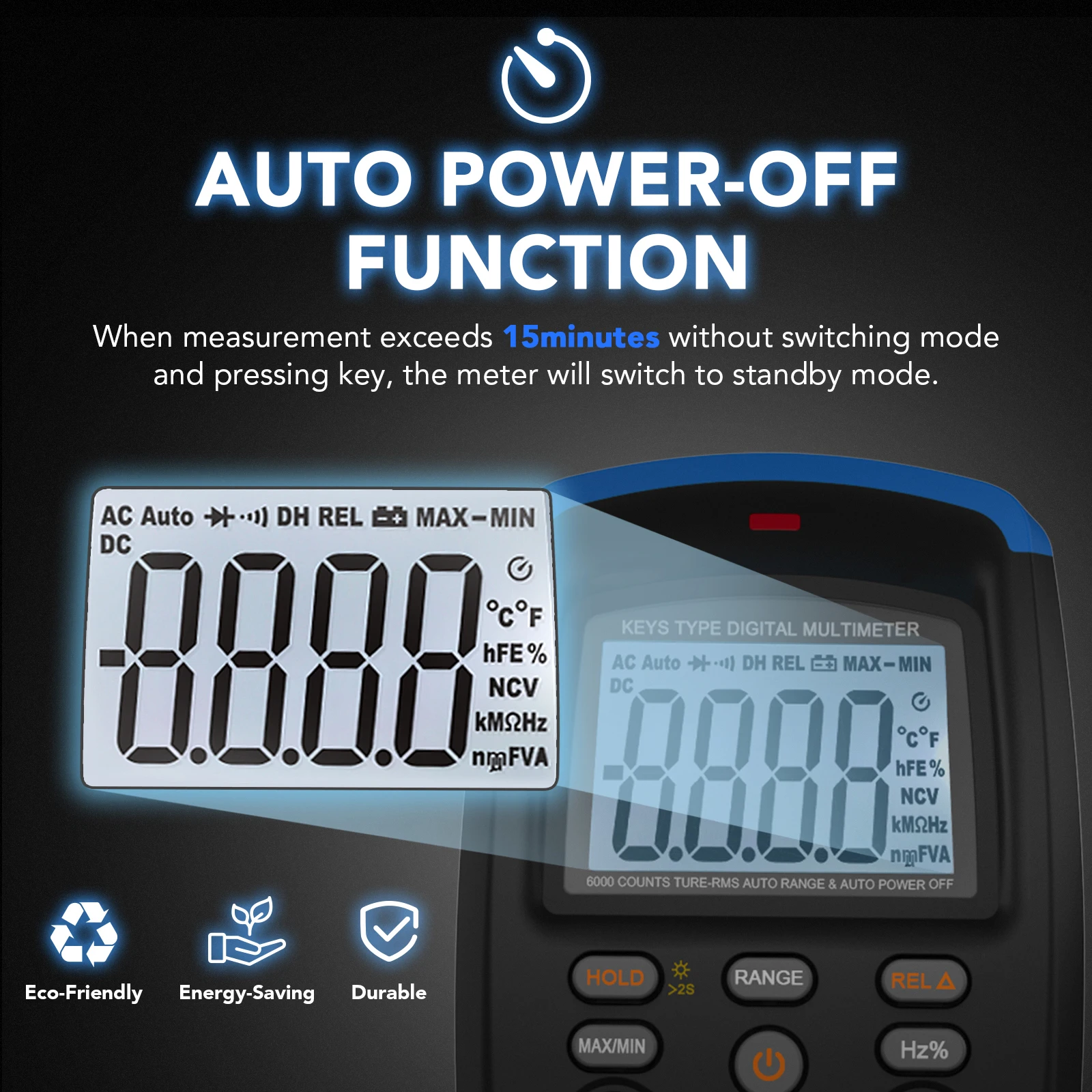 

6000 Count Multimeter Tester - measures AC/DC voltage/current, resistance, capacitance, conductivity