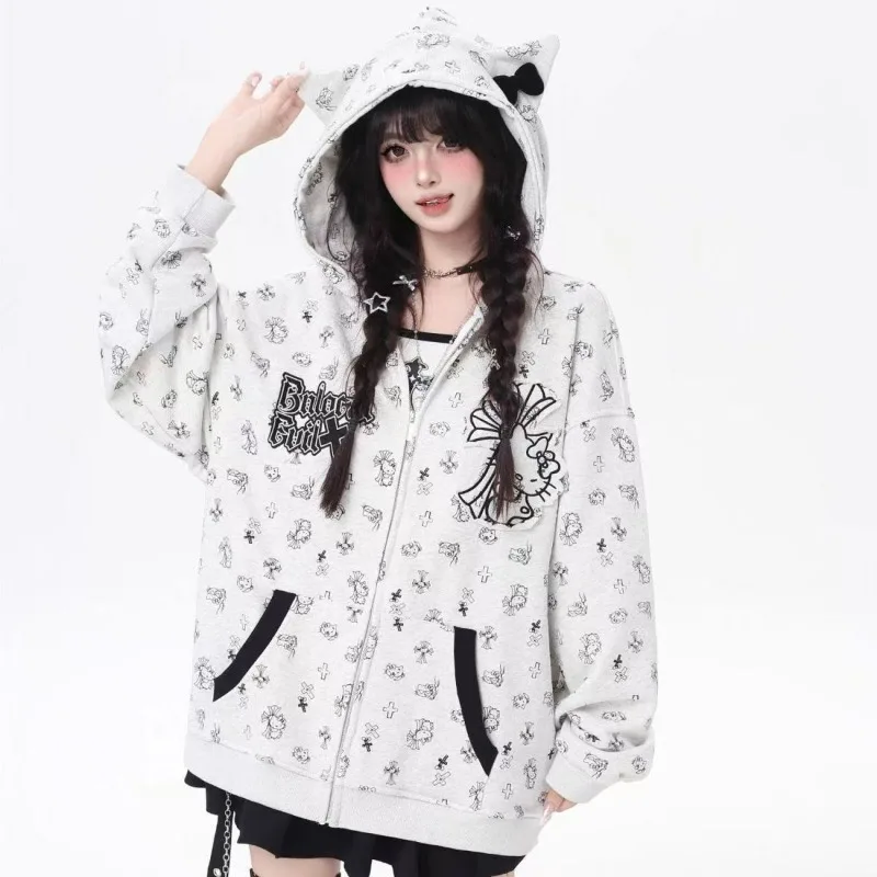 New Cartoon Hello Kitty Sweet Edgy Cross Stitch Hoodie for Men Women Zipper Casual Oversized Cardigan Sweatshirt Adorable Gift