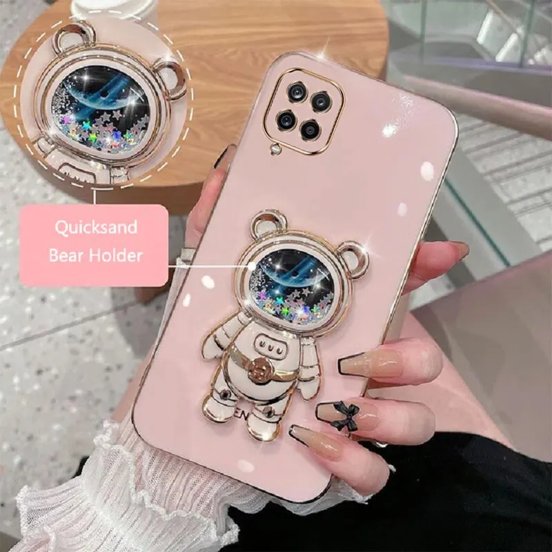 Phone Case For Samsung Galaxy A22 4G Soft Silicone Luxury Plating Cartoon Bear Fold Stand Phone Case Cover