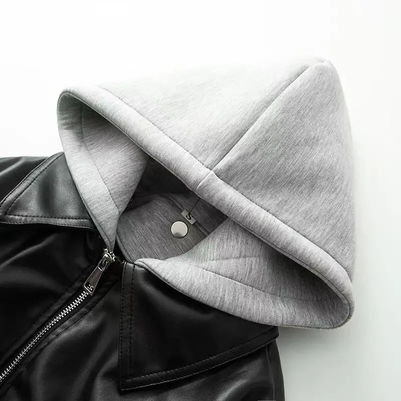 Kurtka skórzana damska na wiosnę KIDCRKJ, z odpinanym kapturem, kieszeniami na zamek, styl bomberka, elegancka odzież wierzchnia w stylu Instagram.