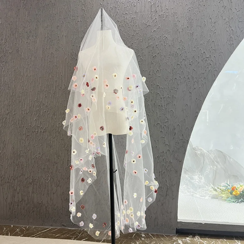 

Romantic Flower Veil Retro Colorful Mesh Korean Yarn Bride's Main Wedding Dress Long Veil Wedding