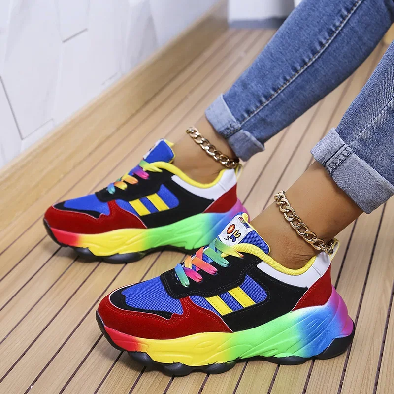 Sneakers Women\'s Platform Sports Shoes Rainbow Lace Up Multicolor Real Leather Vulcanize Shoes Casual Running Shoe Footwear