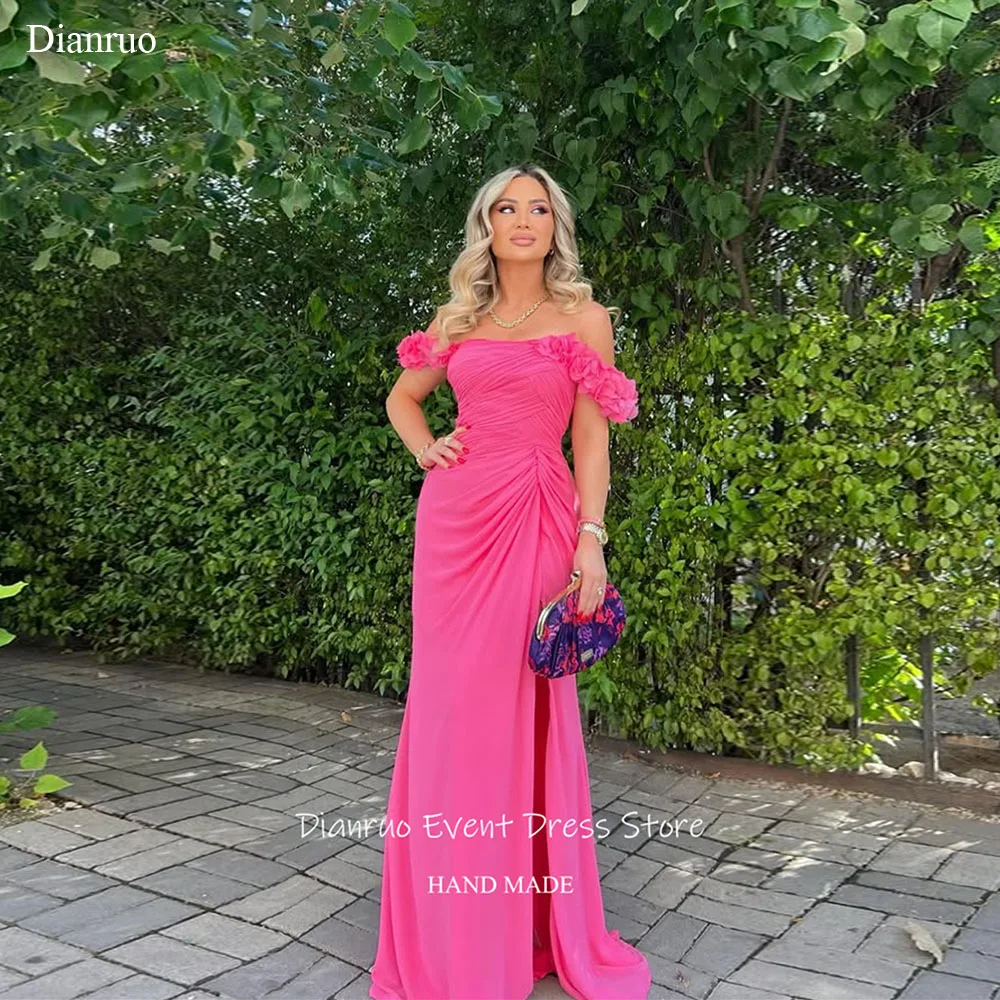 

Dianruo Фуксия Вечерние платья с открытыми плечами Шифоновое платье с рюшами Vestido De Fiesta Плиссированные платья с боковым разрезом 2025 Женское платье по индивидуальному заказу