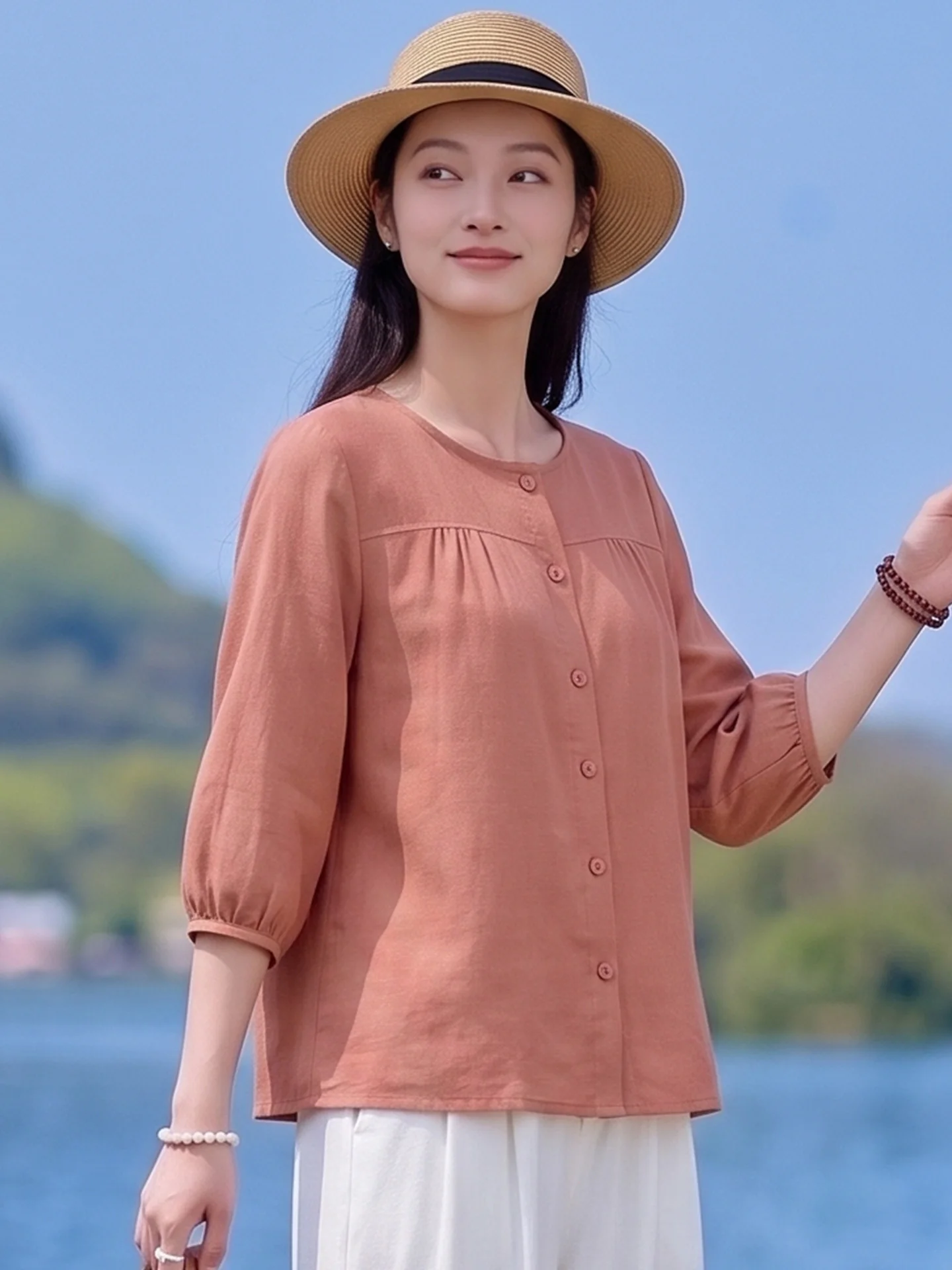 Retro Style Women's Loose Fit round Neck Button up Shirt Seven Quarter Sleeve Cotton Polyester Blend Mommy Fashion Versatile Top
