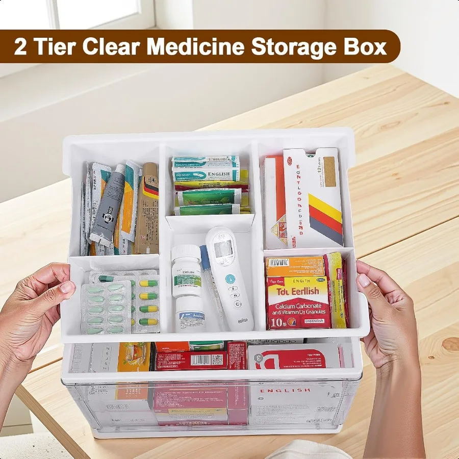 24QT Clear Medicine Storage Box Large Capacity First Aid Box with Tray Plastic Medicine Organizer Boxes with Handle Medical ply