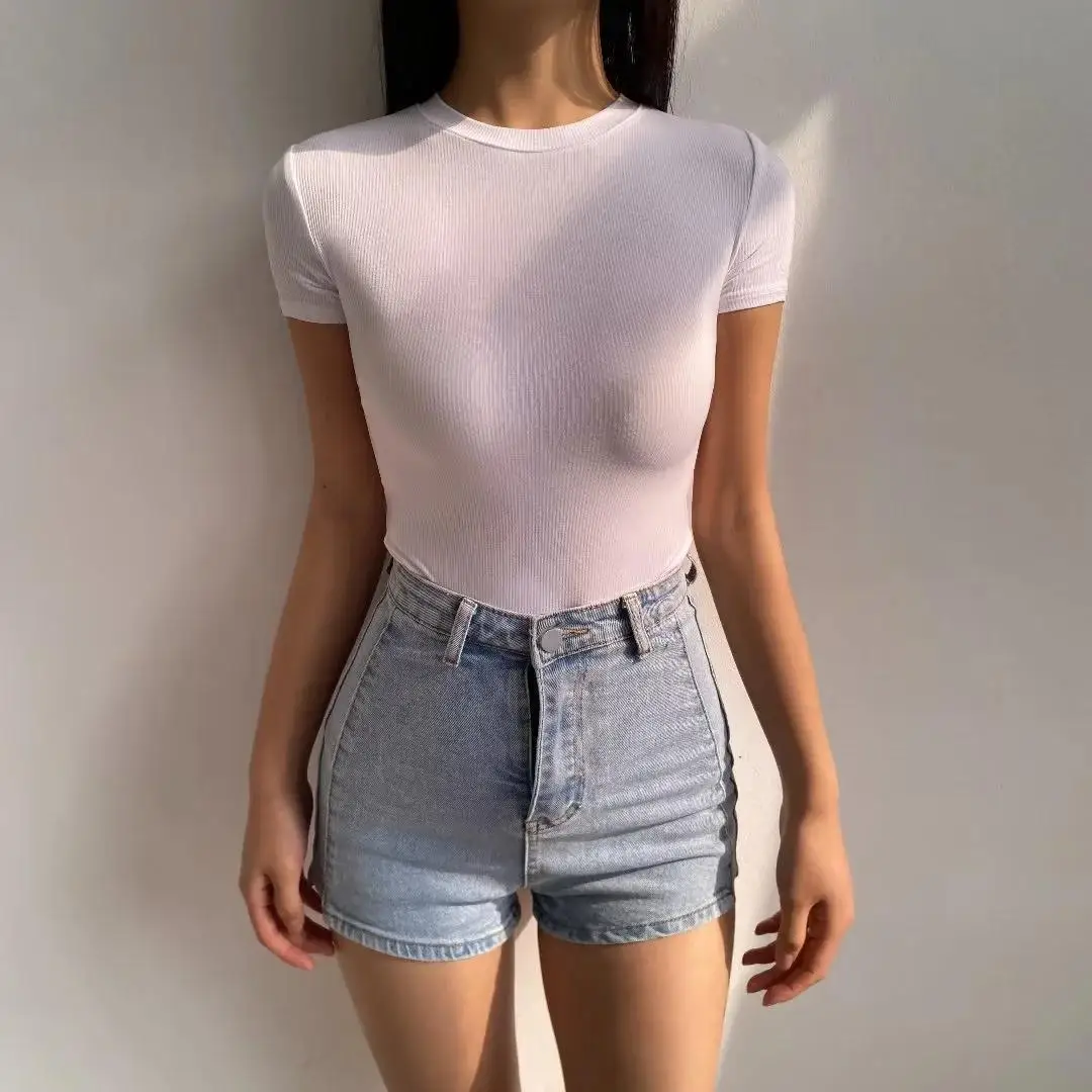 Summer Short Sleeve O-neck Knitted Bodysuits Women Stretchable Slim Basic Solid Color Tops