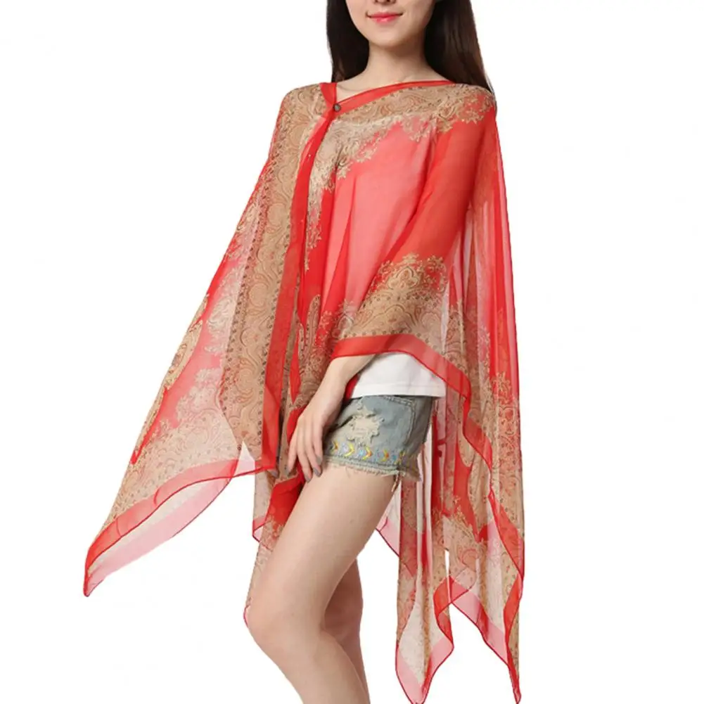 Women Beach Shawl Sun Protection Printing Sunscreen Anti-UV Vintage Beachwear Chiffon Soft Buttons Summer Scarf