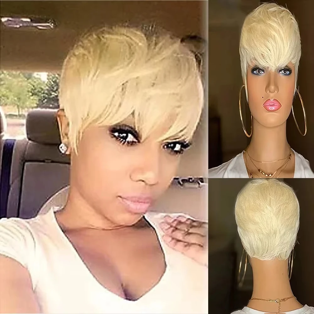 WHIMSICAL W Short Bob Pixie Cut Synthetic Wig With Bangs Blonde Wig Straight Ombre Cosplay Party Wig for Women