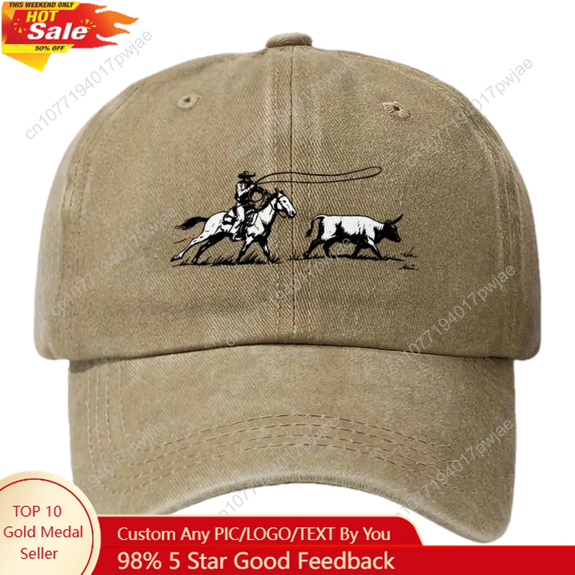 

[Western Style Denim Cap] Adjustable Denim Baseball Cap | Cowboy & Horse Graphic Print, Lightweight Polyester for Outdoor Campin