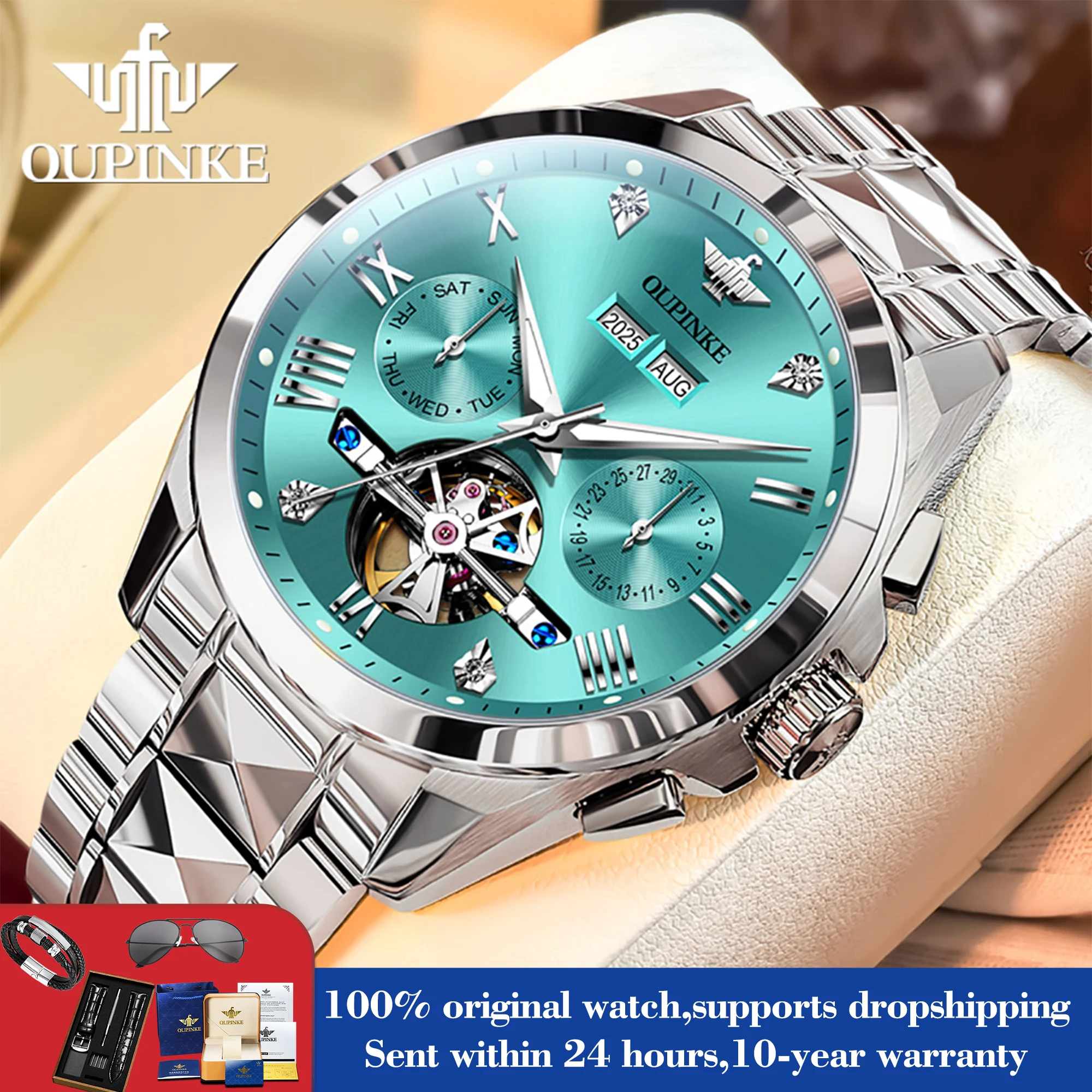 

Мужские часы OUPINKE 3240, новая версия, 44 мм, большой циферблат, модные механические часы для мужчин, римские цифры, дата, полые, водонепроницаемые, наручные часы