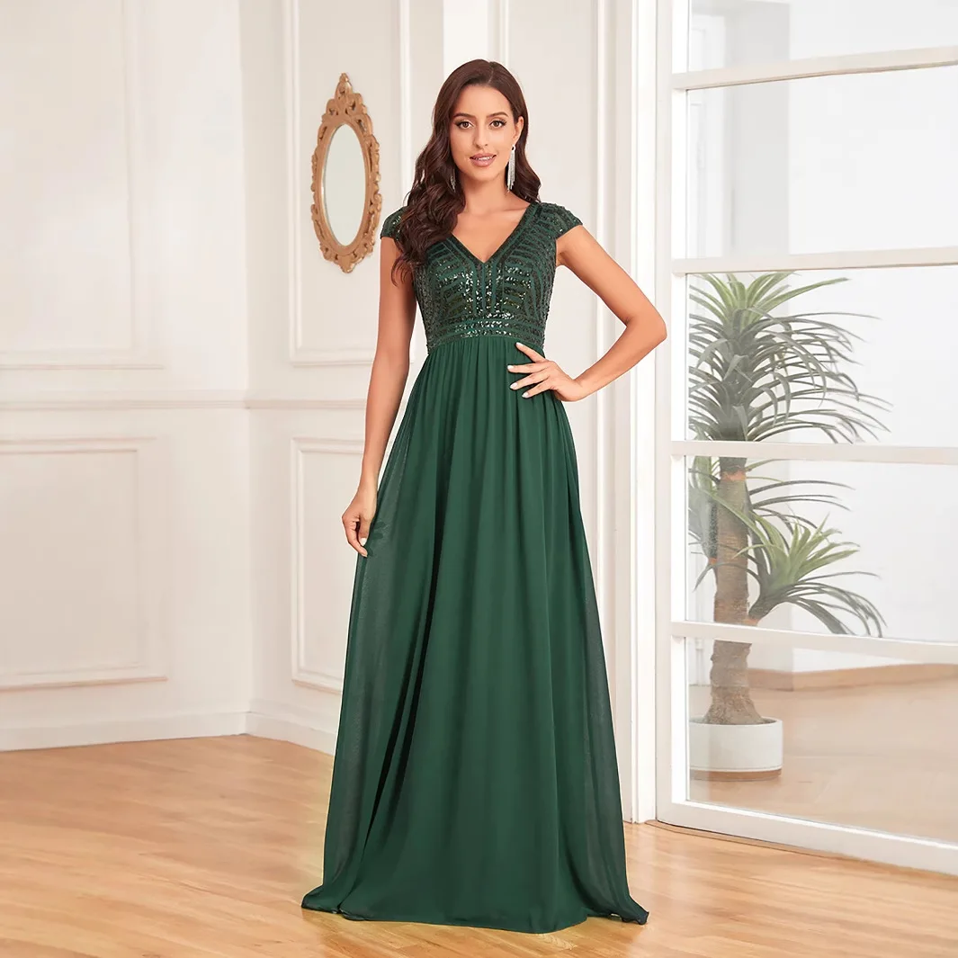 Women's Elegant Formal Dress V Neck Cap Sleeve Sequin Bodice Chiffon Floor Length Prom Gown