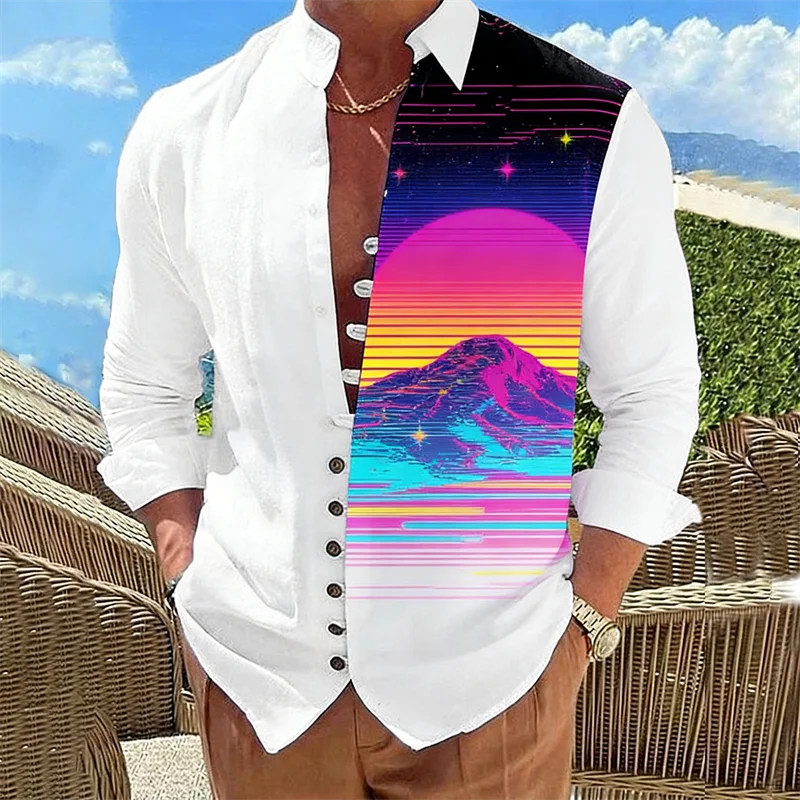 New men's Long Sleeved Shirt With Harajuku Style 3D Sunset Printed Long Sleeved Color Block Pattern Top Shirt