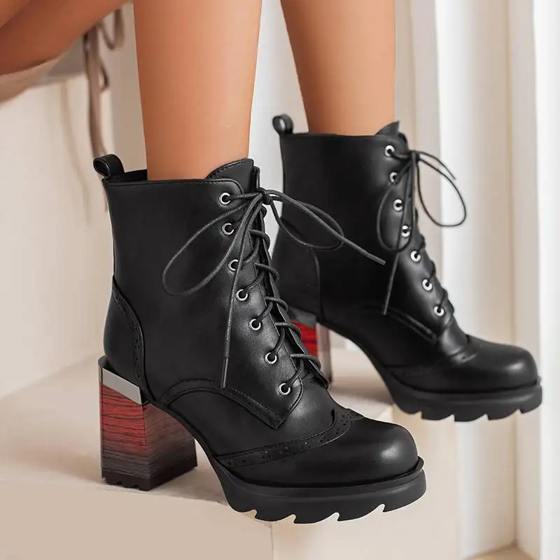 

SIMLOVEYO женские ботильоны с круглым носком, высокий блочный каблук 9 см, платформа 2,5 см, шнуровка, лаконичный дизайн, стиль для вечеринки, большой размер 44 Hot