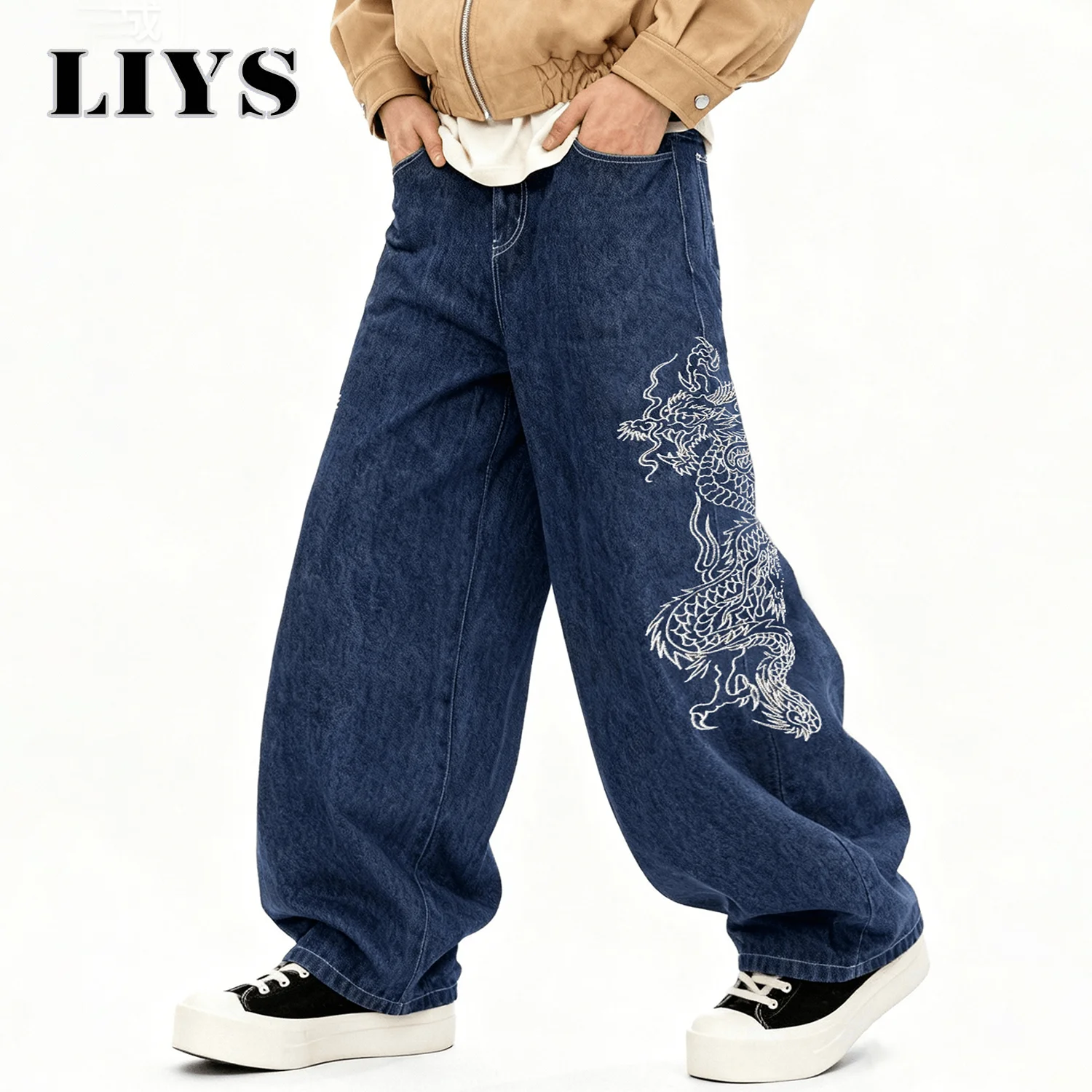 Korean Street Blue Baggy Wide Leg Men's Jeans Personalized White Dragon Pattern Embroidery Denim Pants Gothic Male Jeans Unisex