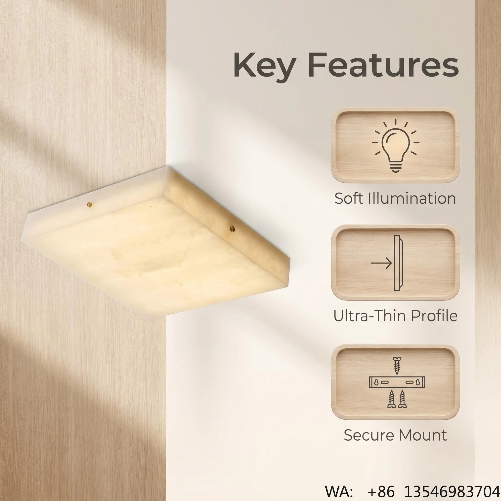 Natural Translucent Panel Rectangle Marble Flush Mount LED Iron Ceiling Ultra-Thin Design 50cm Spanish Style Bedroom Hallway