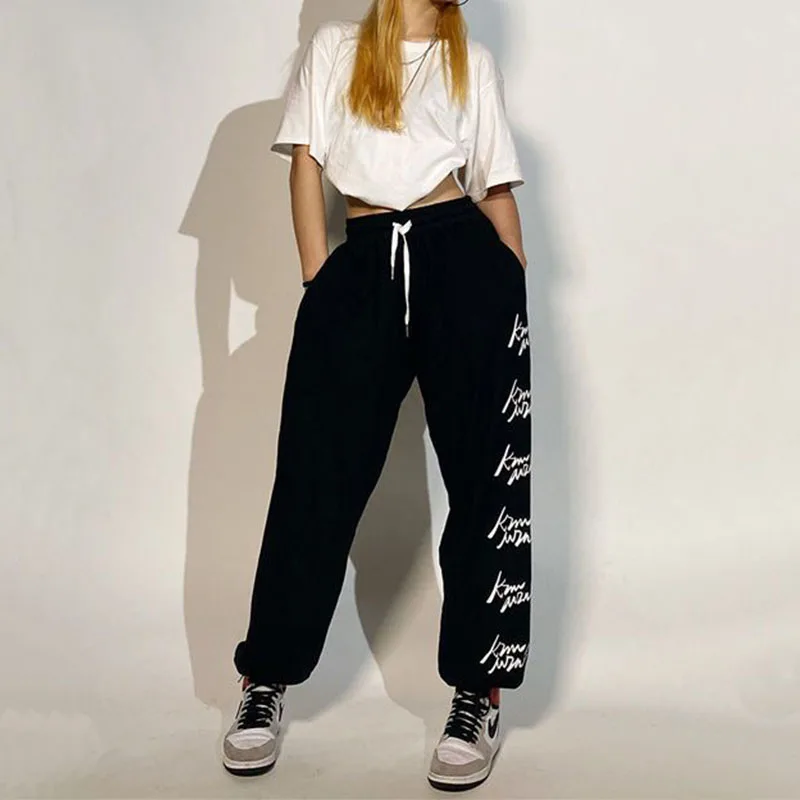 

Hip Hop Women Street Dance Casual Sweatpants Spring Summer New Elastic Waist Letter Print Loose Fashion Sports Wide Leg Trousers