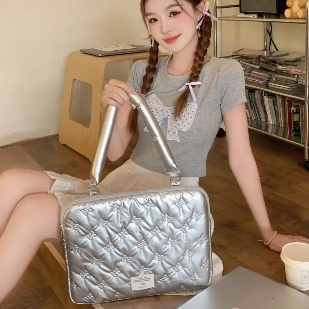 1 Piece Korean Fashion Sliver Color Laptop Case for Girl Student Bow Shoulder Laptop Storage Bag Portable Large Capacity Bag