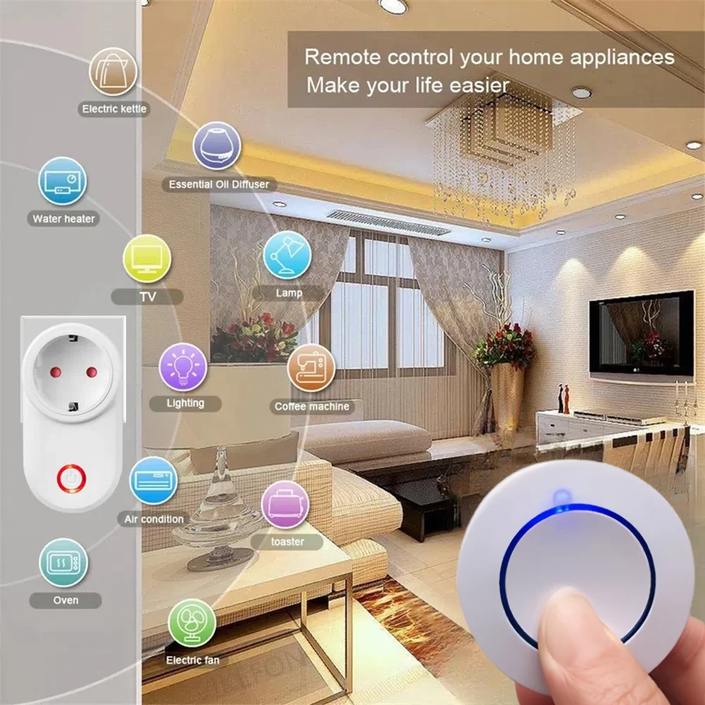 AC 220V 15A Wireless Remote Control Electrical Socket Switch 433mhz Rf Outlet EU Plug Round Transmitter for LED Home Appliance