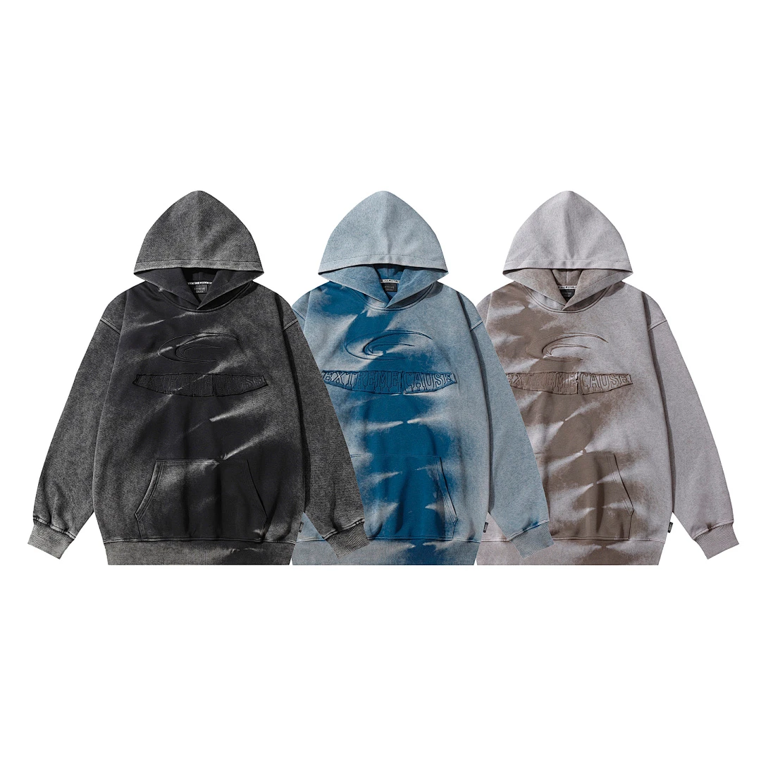 Vintage Washed Tie‑Dye Embossed Letter Graphic Hoodie Oversized Loose Pullover Sweatshirt Unisex Retro Street Hoodies